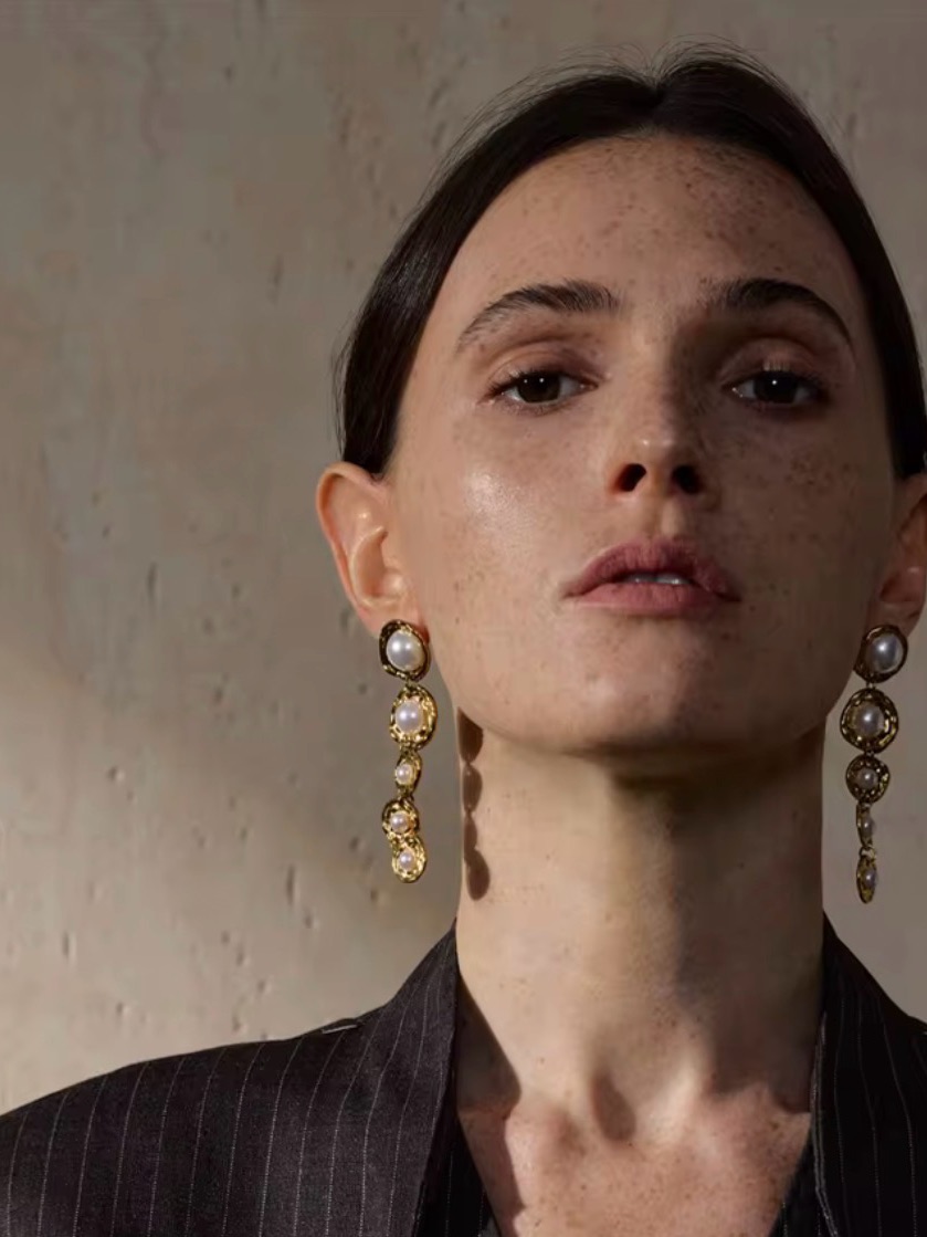 Gold Pearl Linked Drop Earrings - Women Jewelry
